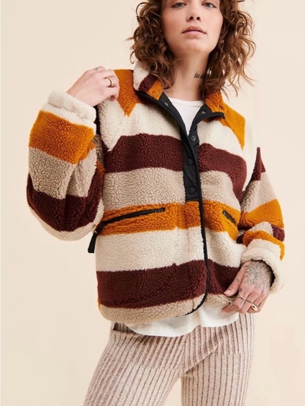 Free People Hit The Slopes Jacket in Cream, Brown & Mustard -